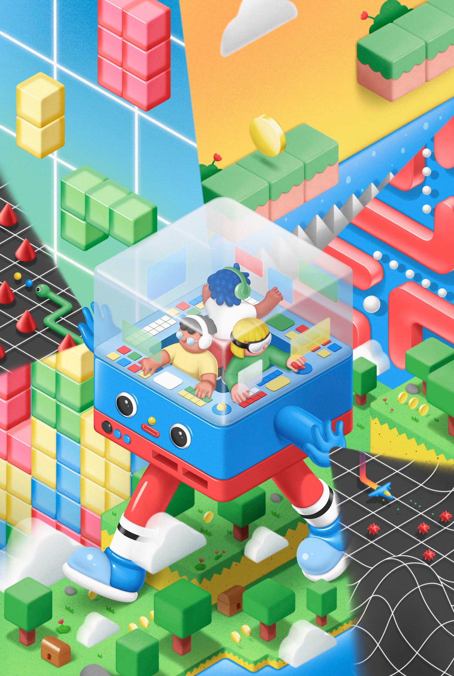 The cover illustration without the masthead: a console character walking through an isometric game world