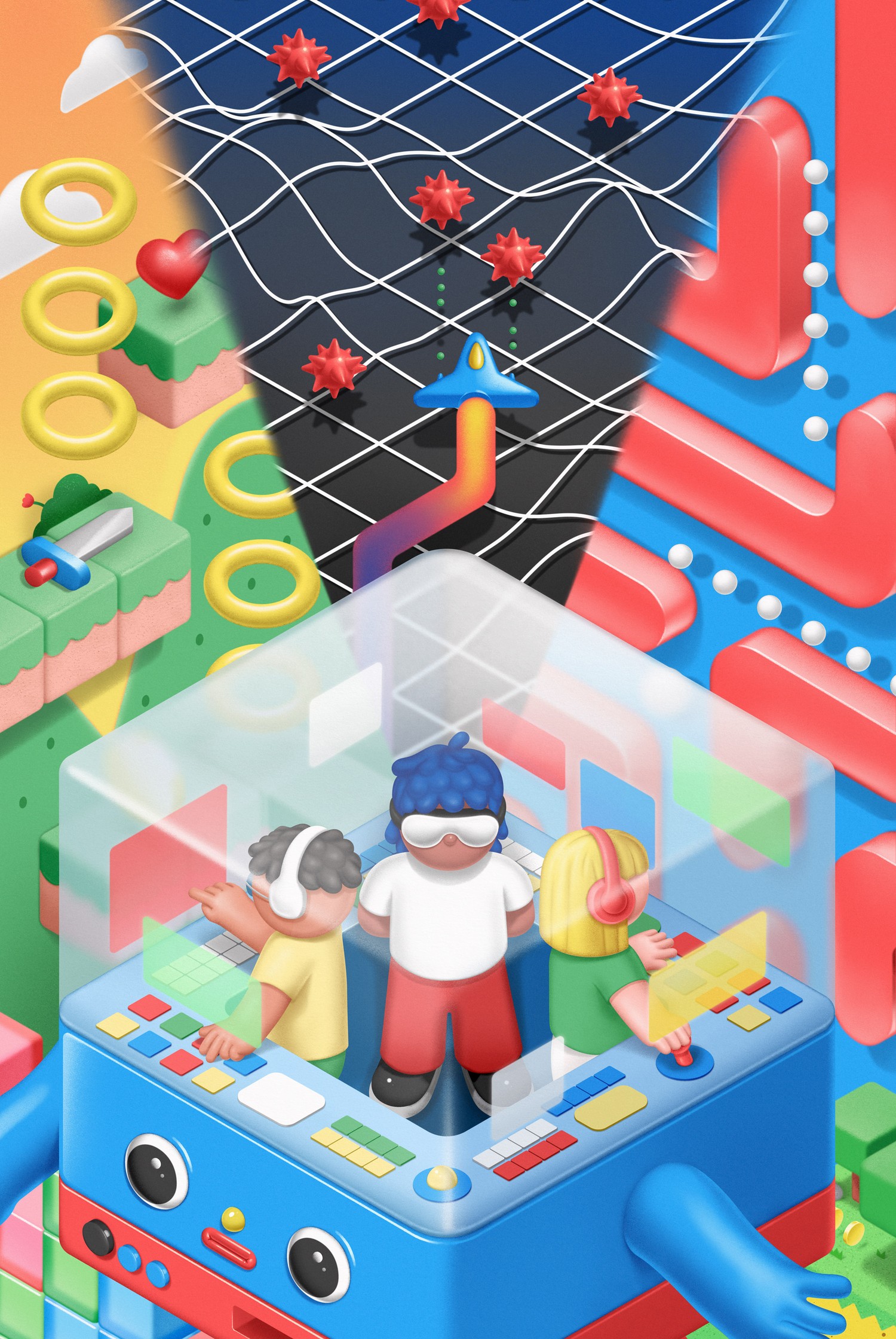 The poster illustration: three kids playing inside the console, a ship climbing a wireframe grid above them