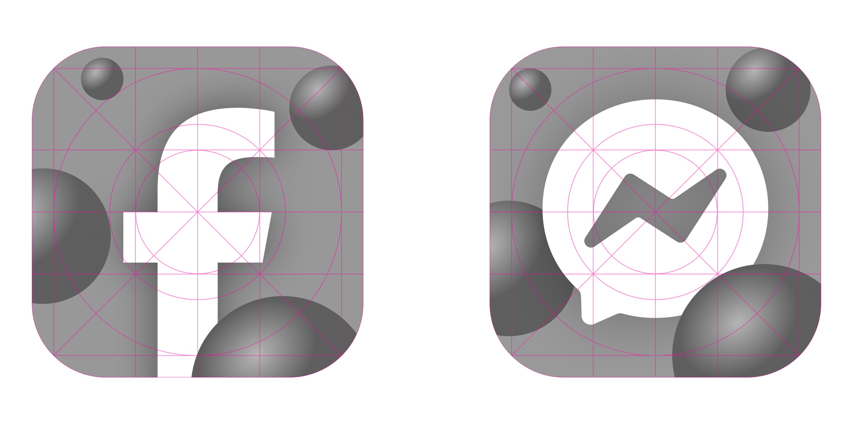 Construction grids for the Facebook and Messenger icons, built on the negative space of the original logos
