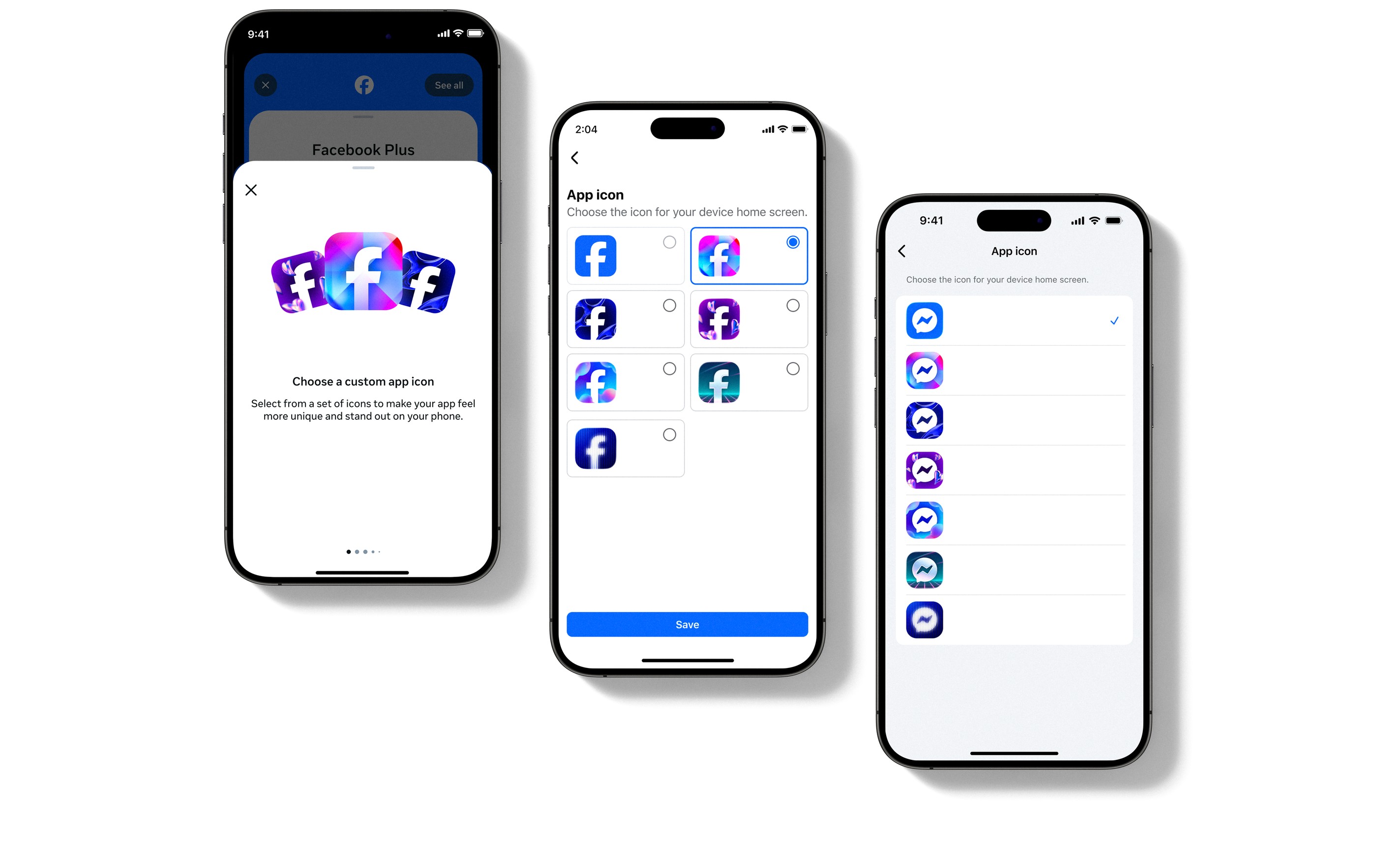 Three iPhones showing the Facebook Plus icon picker: the custom app icon intro, the Facebook icon choices, and the Messenger icon list