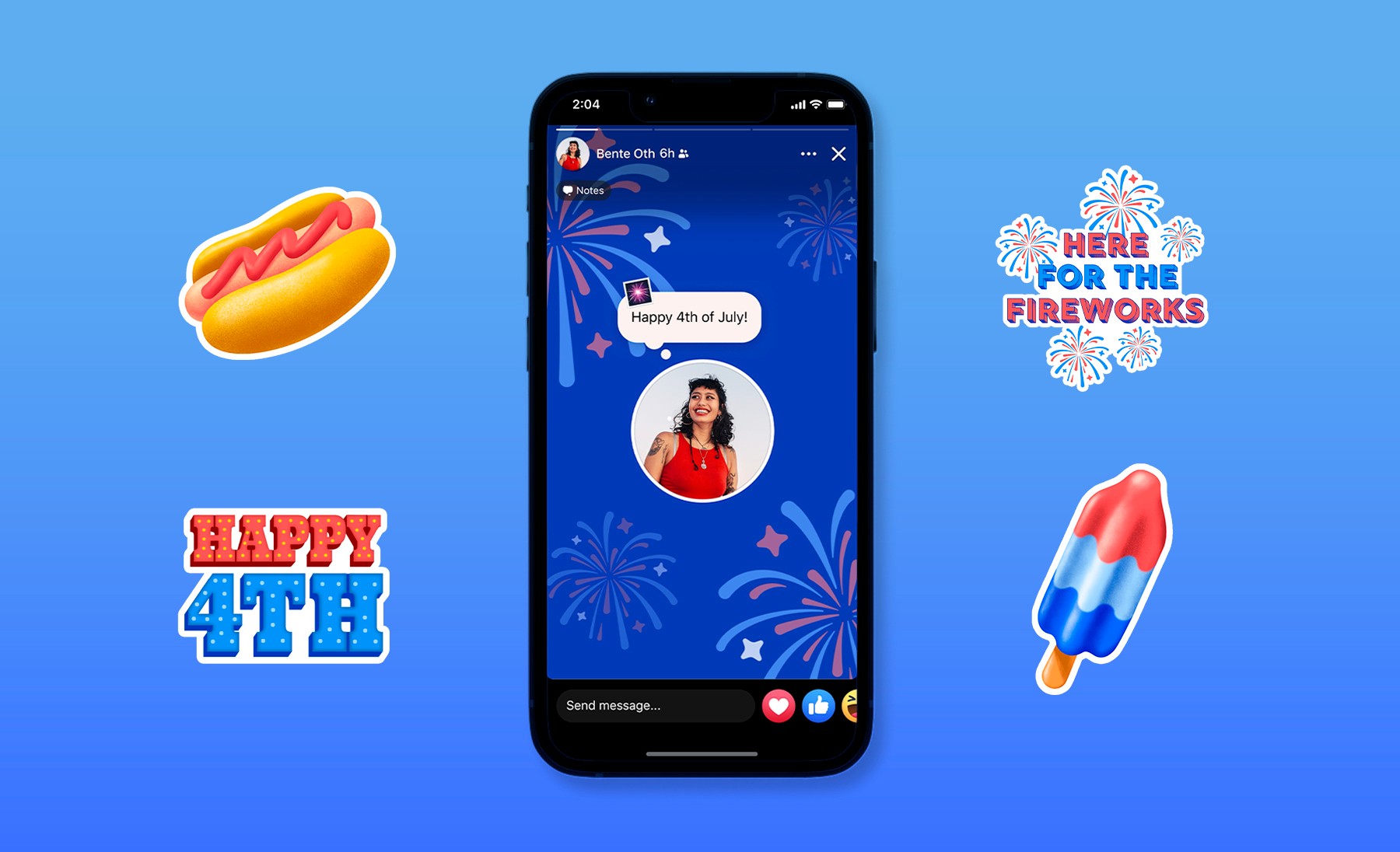 4th of July: a Facebook story with a &ldquo;Happy 4th of July!&rdquo; note, framed by hot dog, Happy 4th, fireworks and popsicle stickers