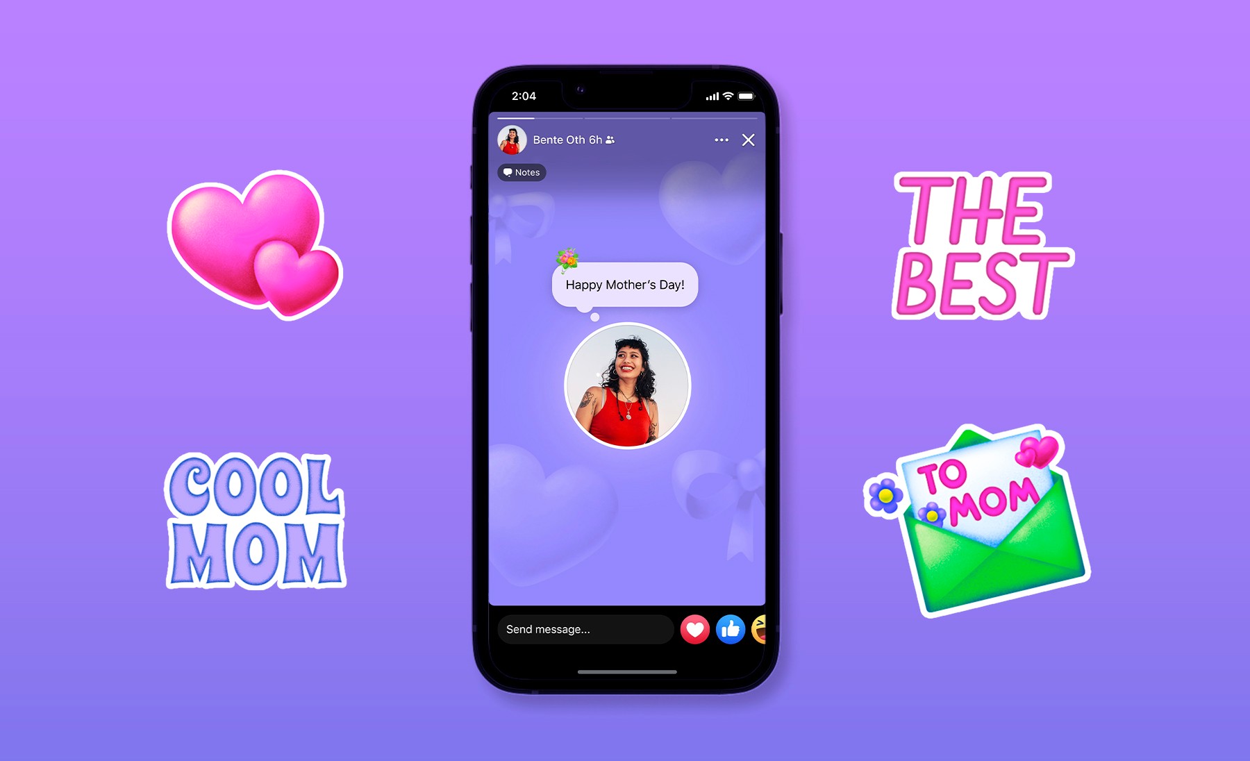 Mother&rsquo;s Day: a Facebook story with a &ldquo;Happy Mother&rsquo;s Day&rdquo; note, framed by Cool Mom, The Best, heart and envelope stickers