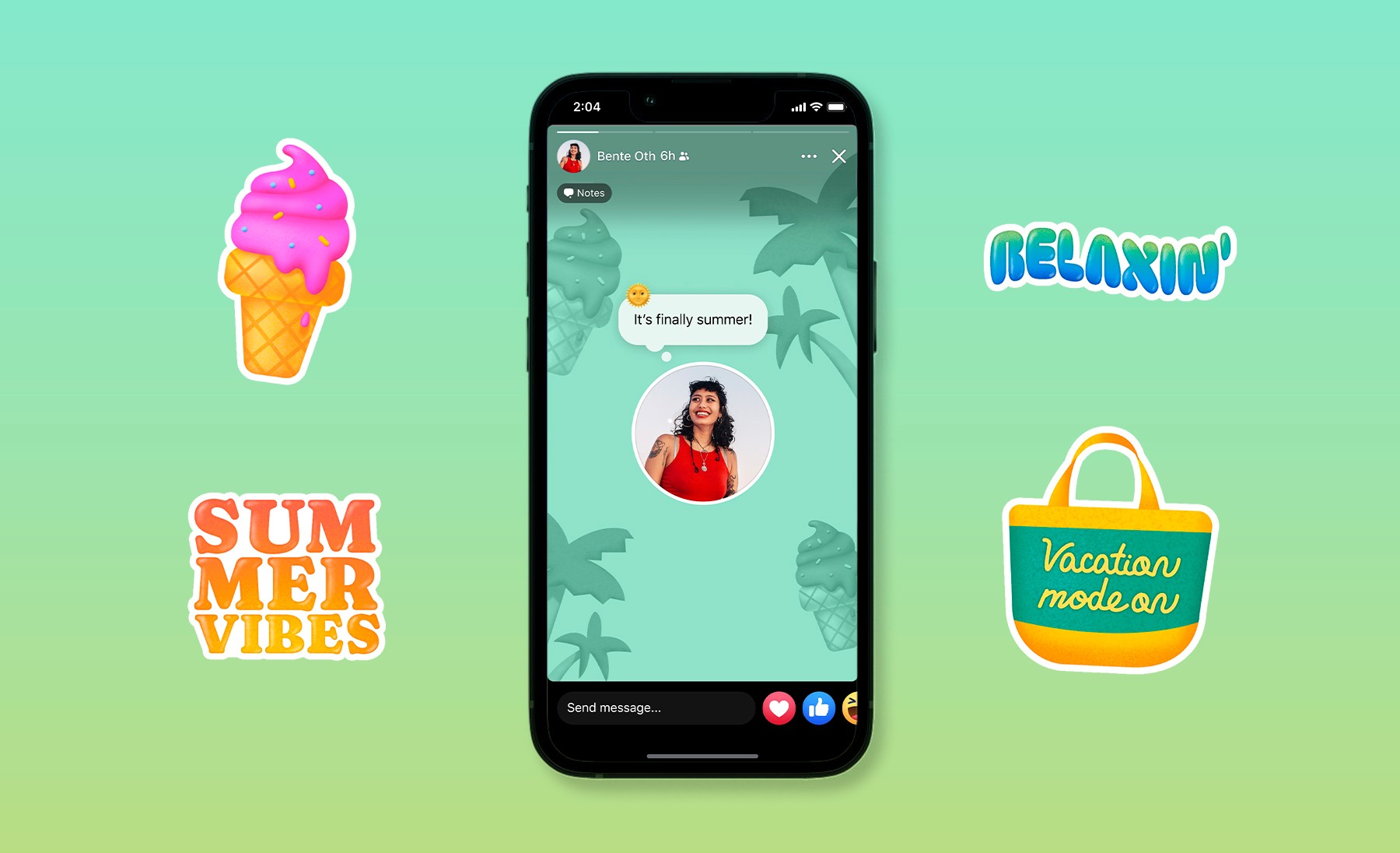 Start of Summer: a Facebook story with an &ldquo;It&rsquo;s finally summer!&rdquo; note, framed by ice cream, Summer Vibes, Relaxin&rsquo; and tote bag stickers