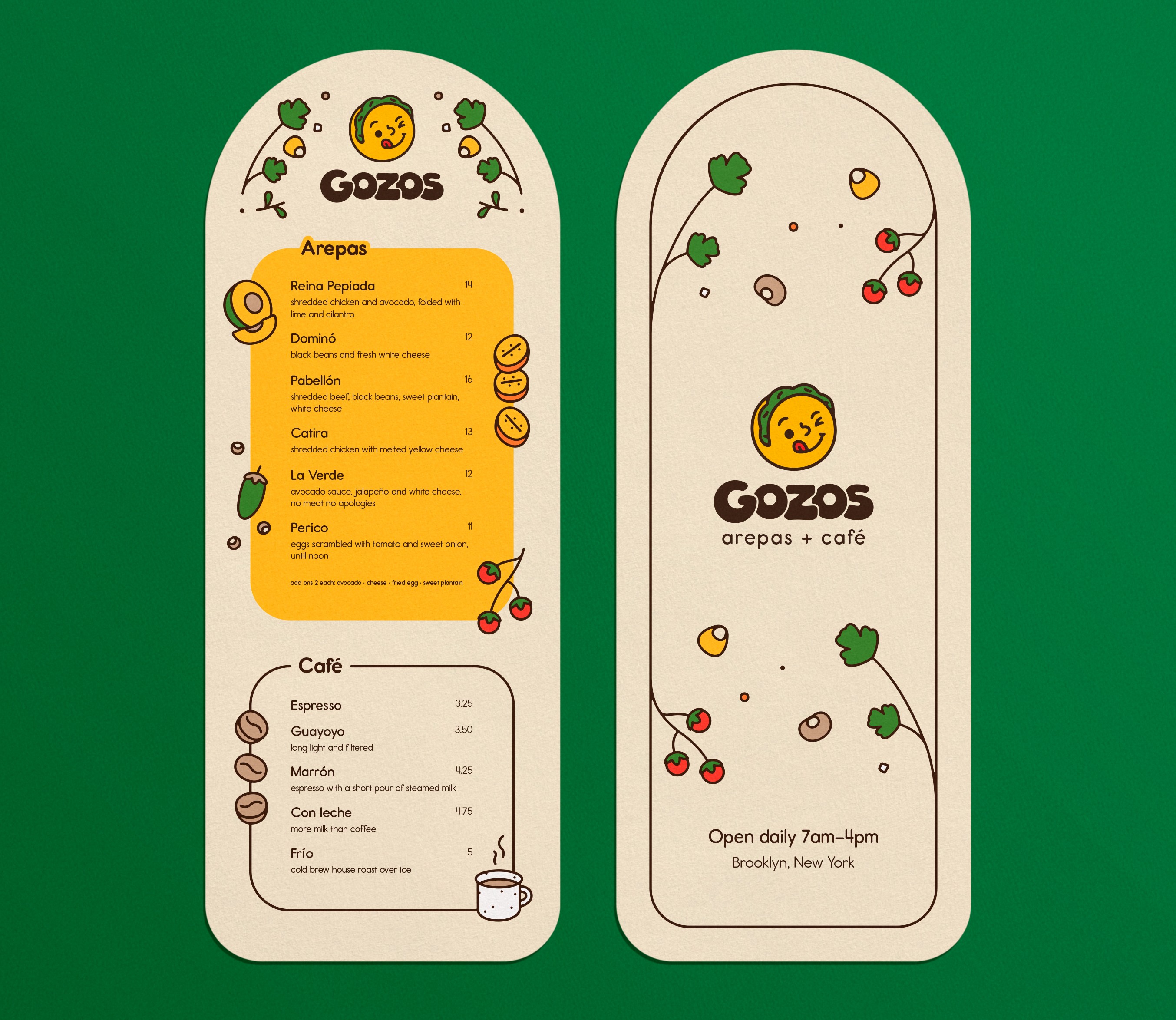 Gozos menu panels, arepas and cafe