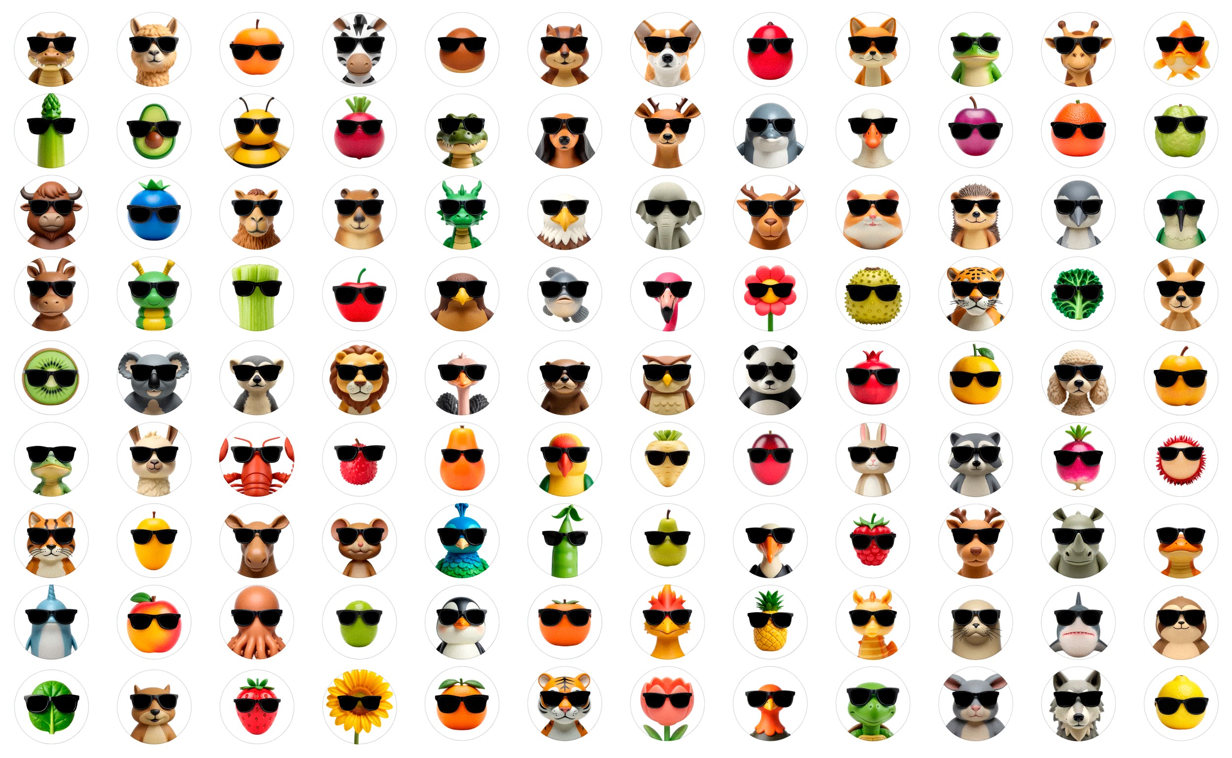 A grid of 108 avatars for Facebook Groups nicknames: animals, fruits and plants, each wearing black sunglasses