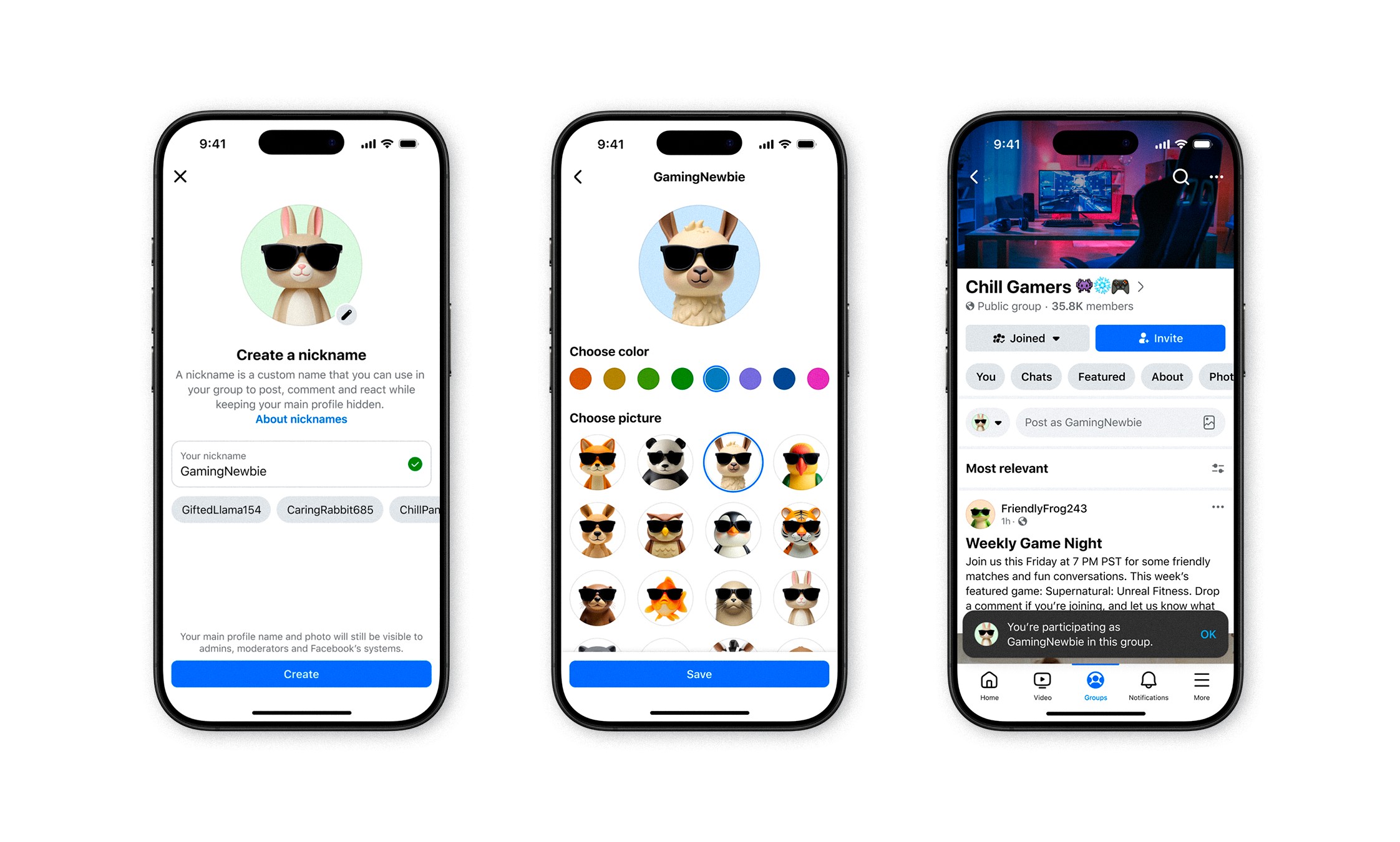 Three screens: creating a nickname, choosing an avatar and color, and posting in a group as GamingNewbie