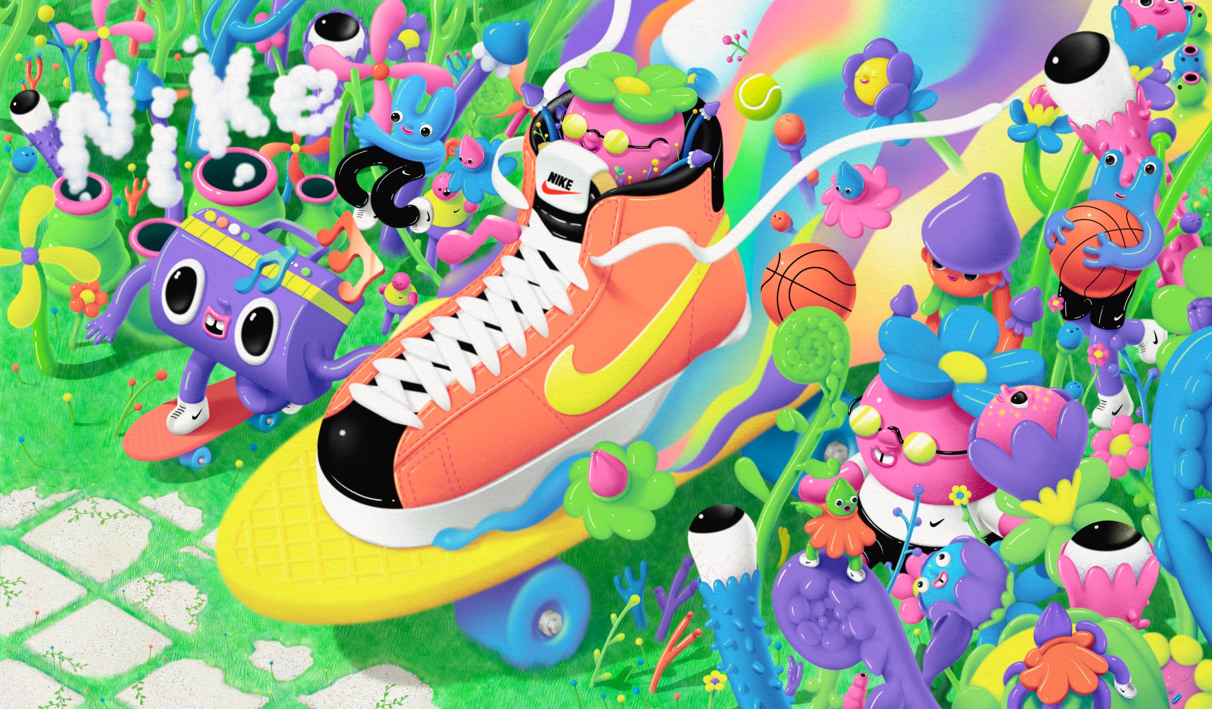 Nike mural in New York City with plants, flowers and anthropomorphic creatures