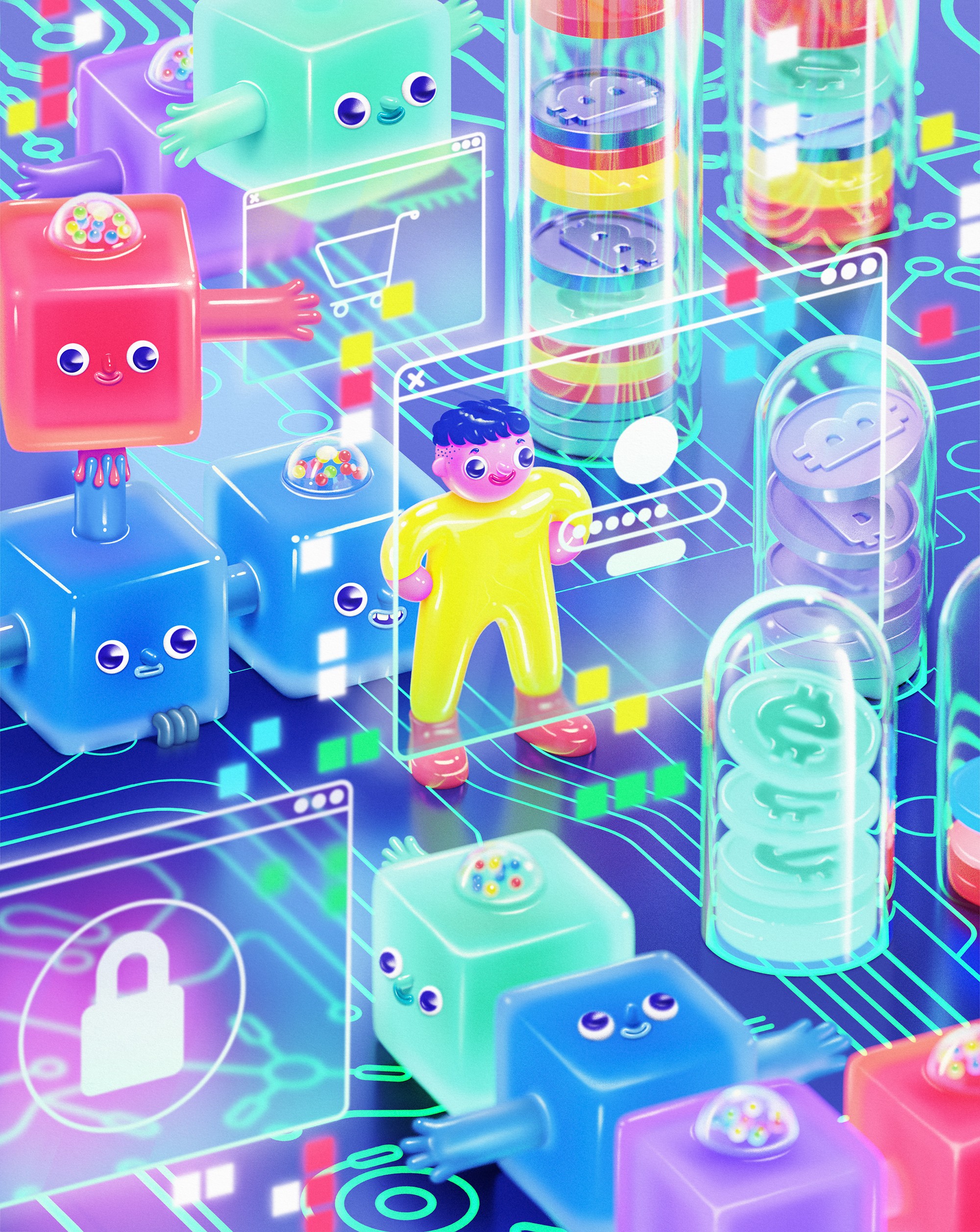 The opening illustration: a figure in a yellow suit logging in among glossy cube characters, coin tubes and floating browser windows