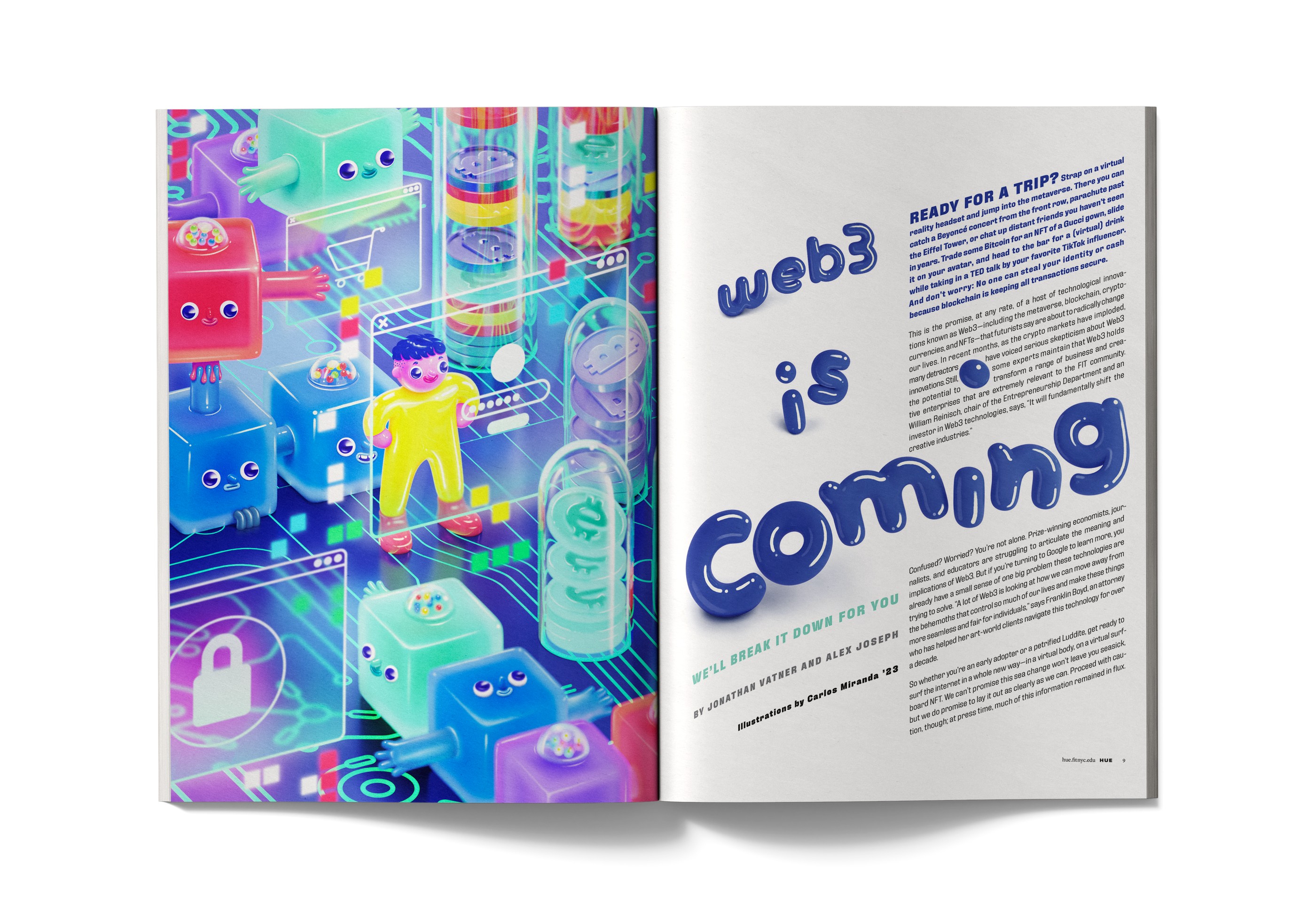 The opening spread of Web3 Is Coming in Hue: the full-page illustration beside the lettered headline