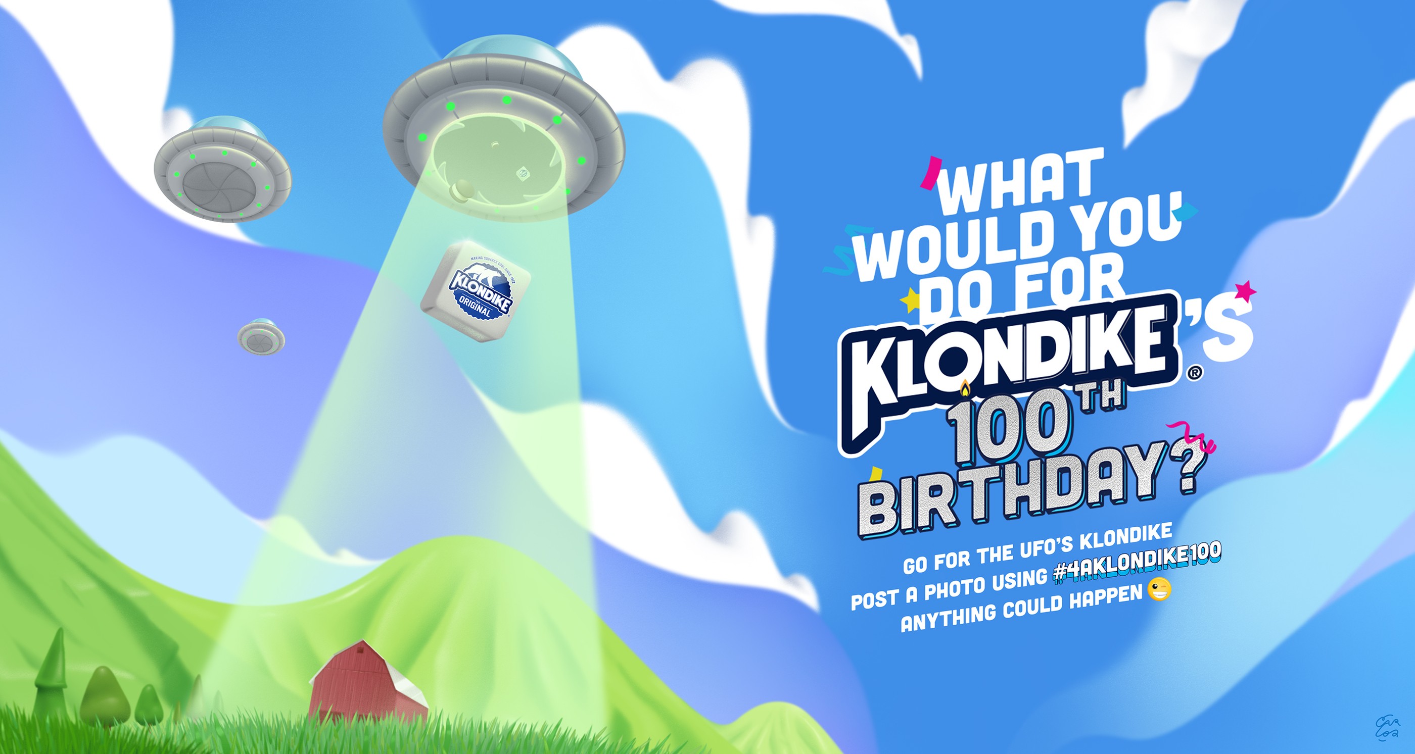 The New York mural artwork: a UFO beaming up a Klondike bar beside the What would you do for Klondike&rsquo;s 100th birthday headline