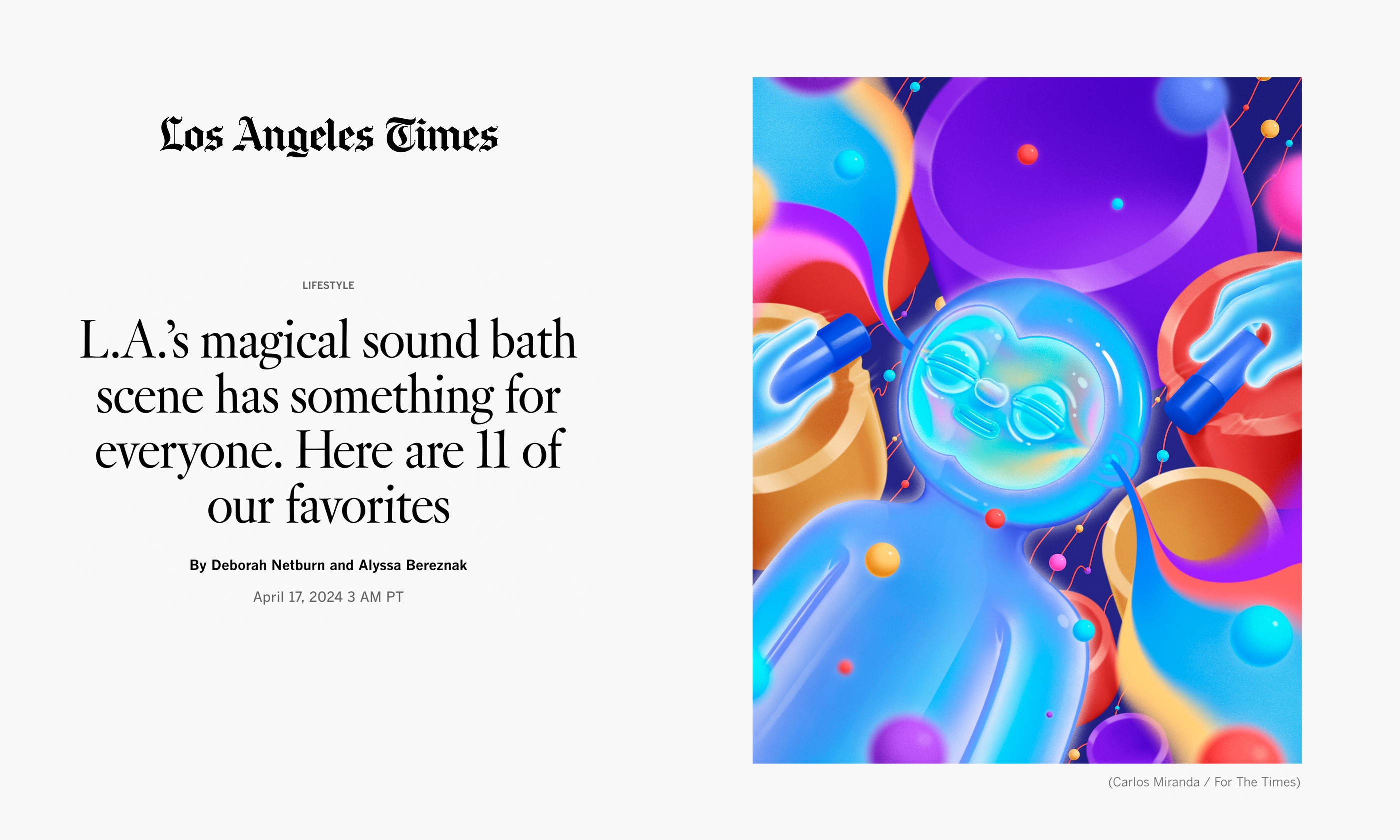 The illustration running beside its headline in the Los Angeles Times: a glowing figure floating among singing bowls and orbs