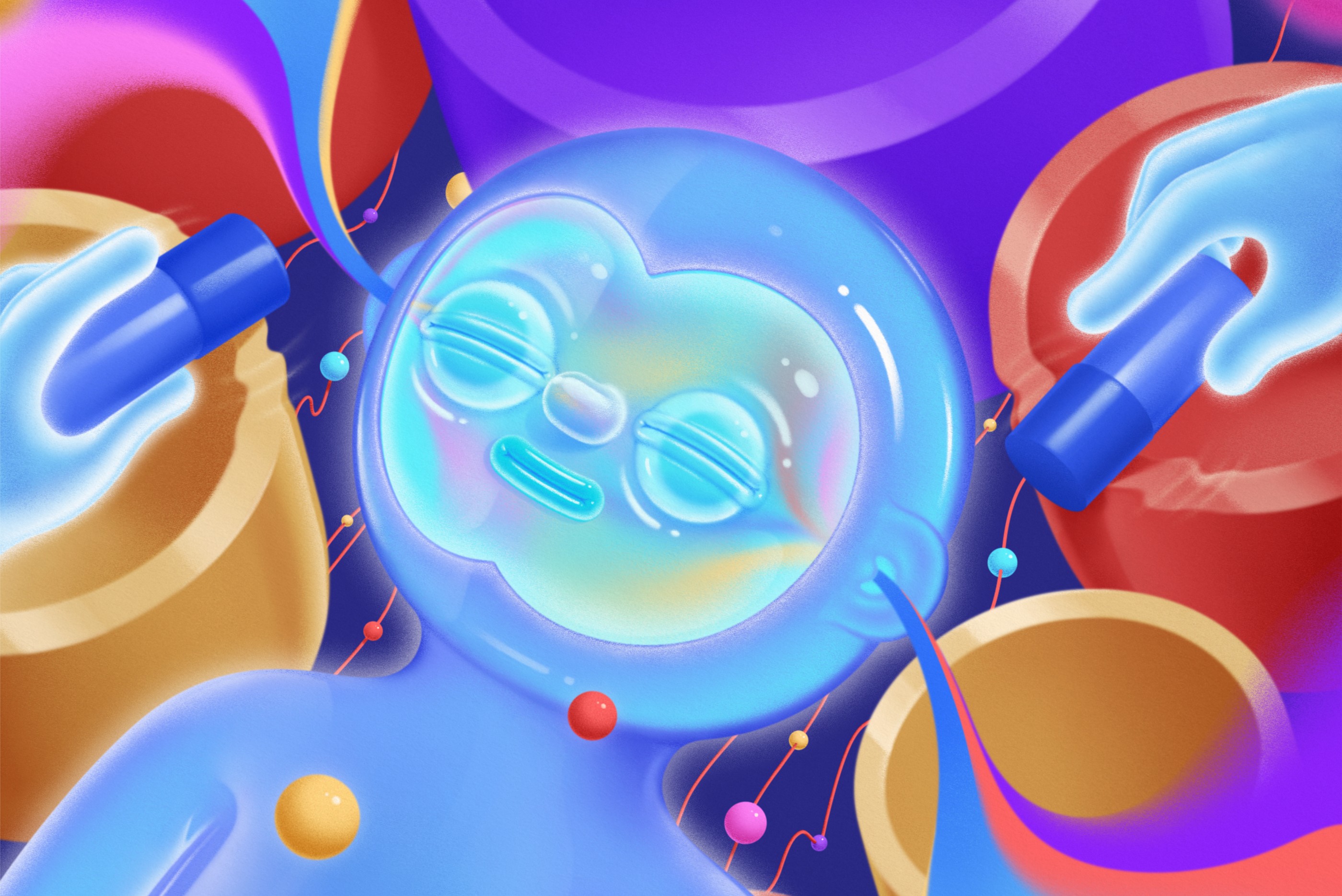 The illustration: a translucent figure lying back with eyes closed, mallets striking singing bowls on either side
