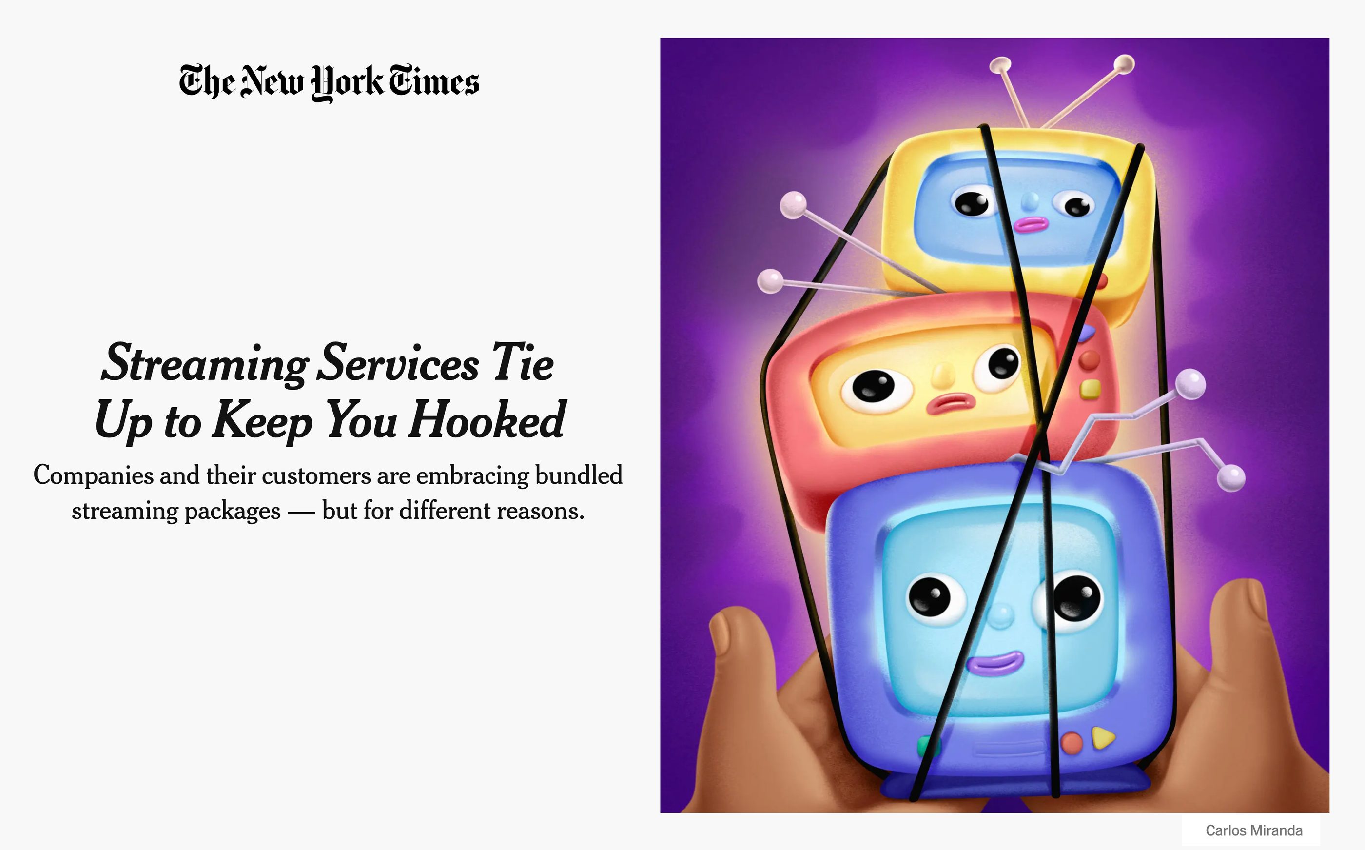 The illustration running beside its headline in The New York Times: hands holding three stacked TVs tied together with cords