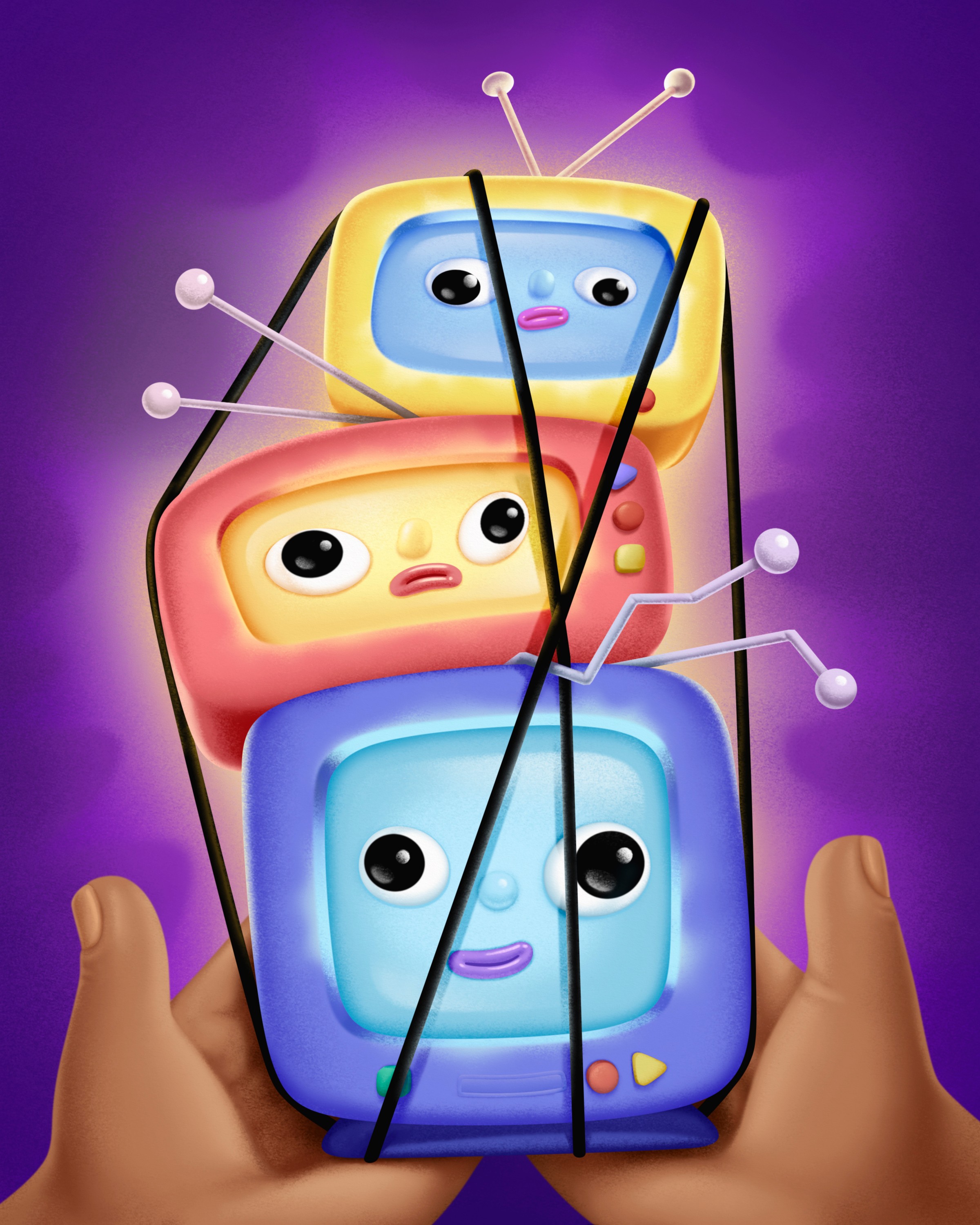 The illustration on its own: three stacked TV characters bound with black cords, held in two hands against a purple glow