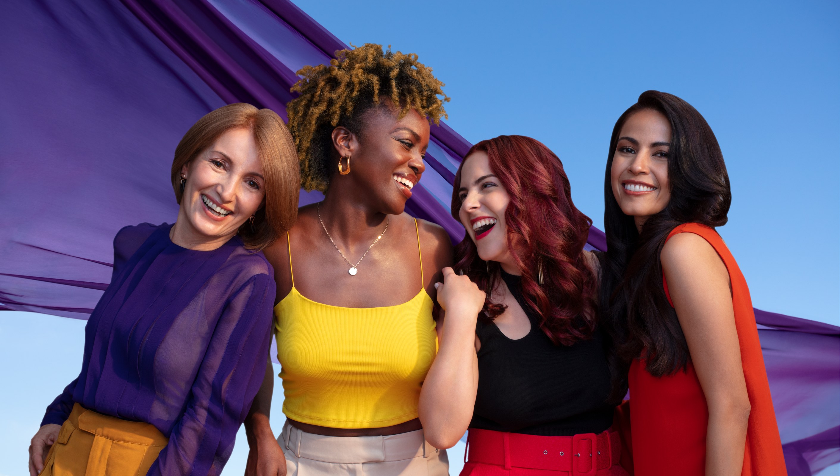 Schwarzkopf campaign: four models together with purple fabric
