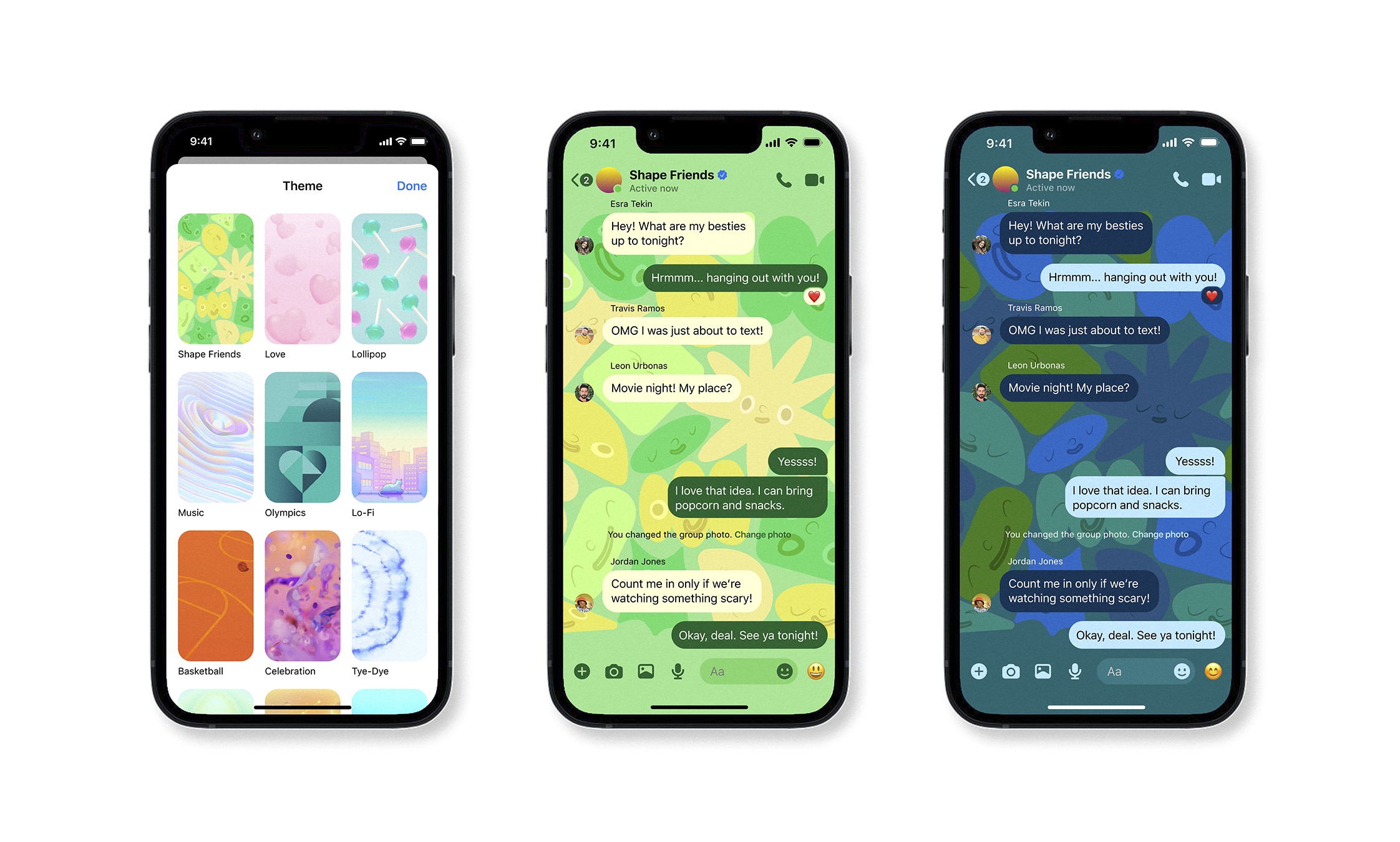 Three screens: Shape Friends in the Messenger theme picker, the chat in light mode with the shapes awake, and in dark mode with them asleep