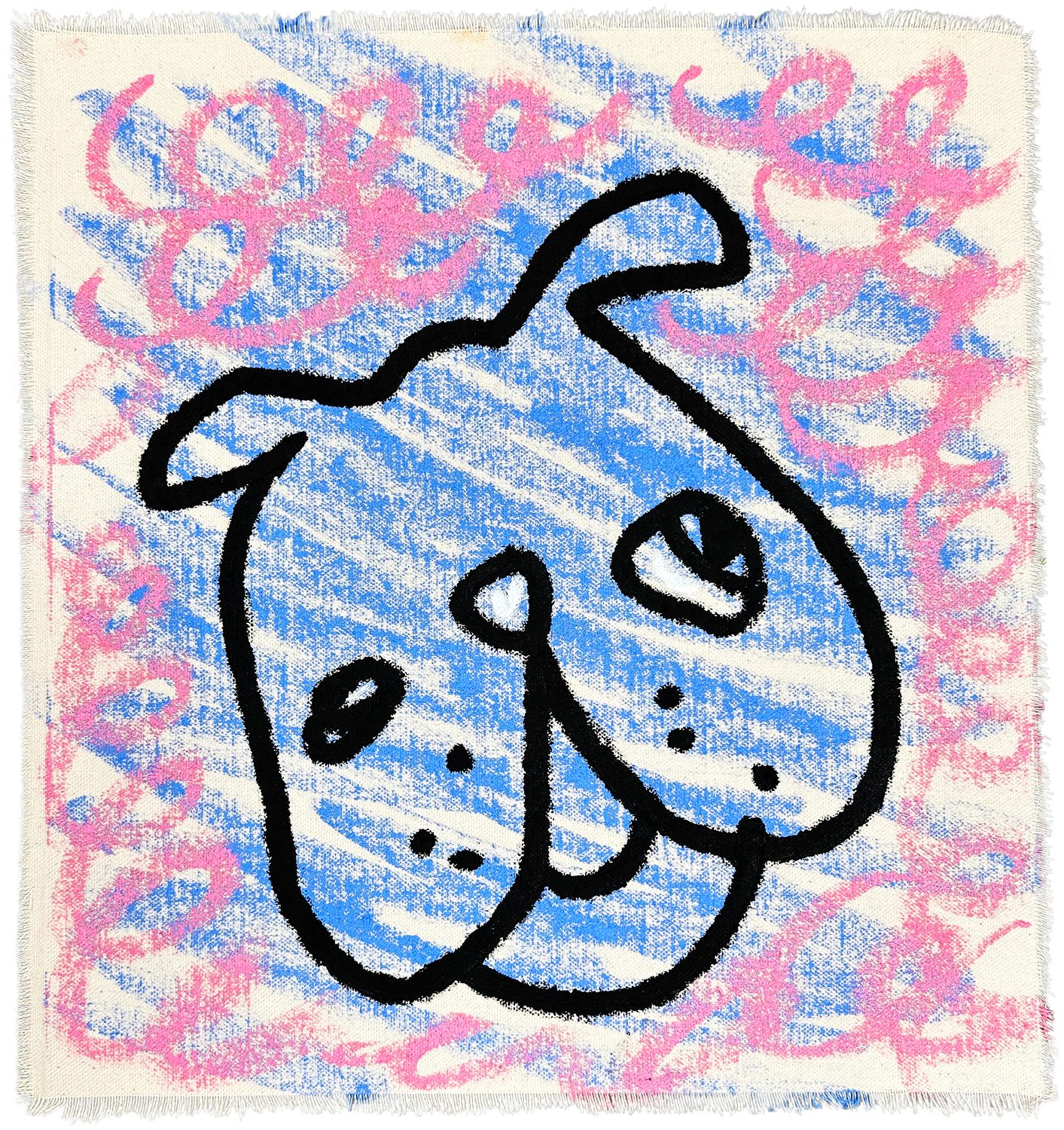 Conchita, 2026, oil painting of a blue dog face on a pink scribbled ground.