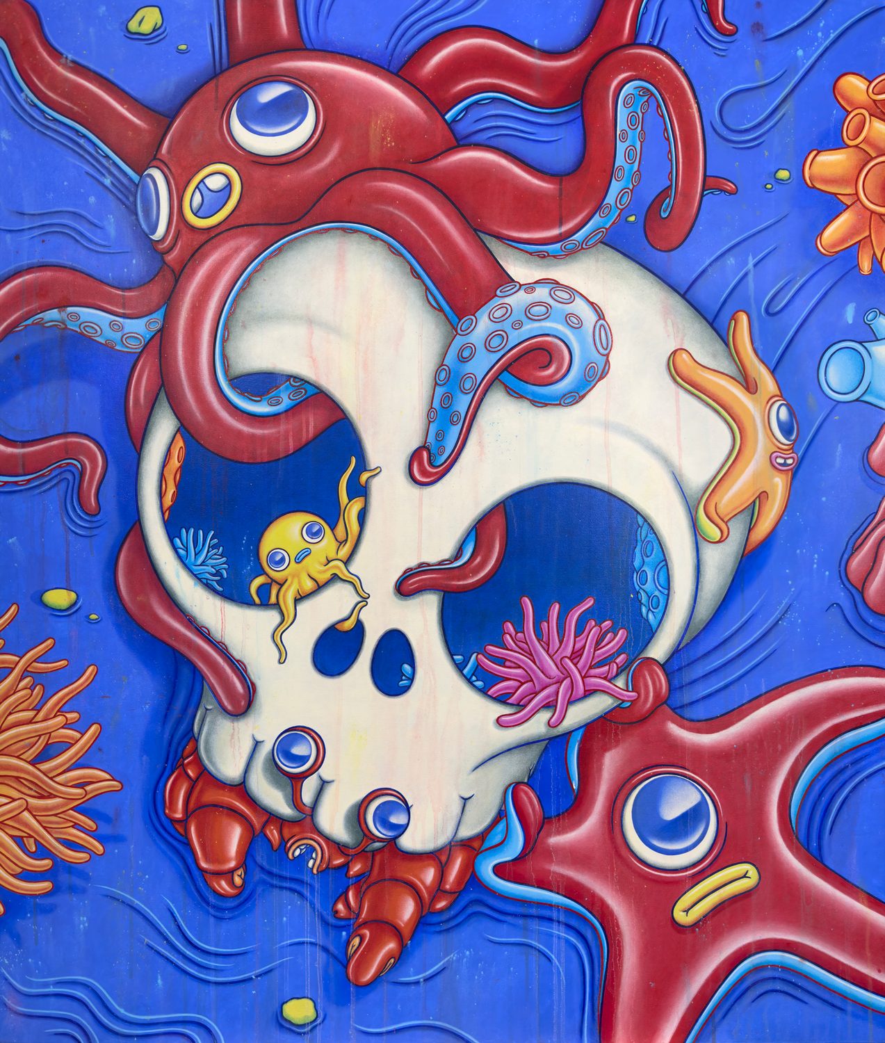 Motherhood, 2023, acrylic painting of an octopus on a skull.