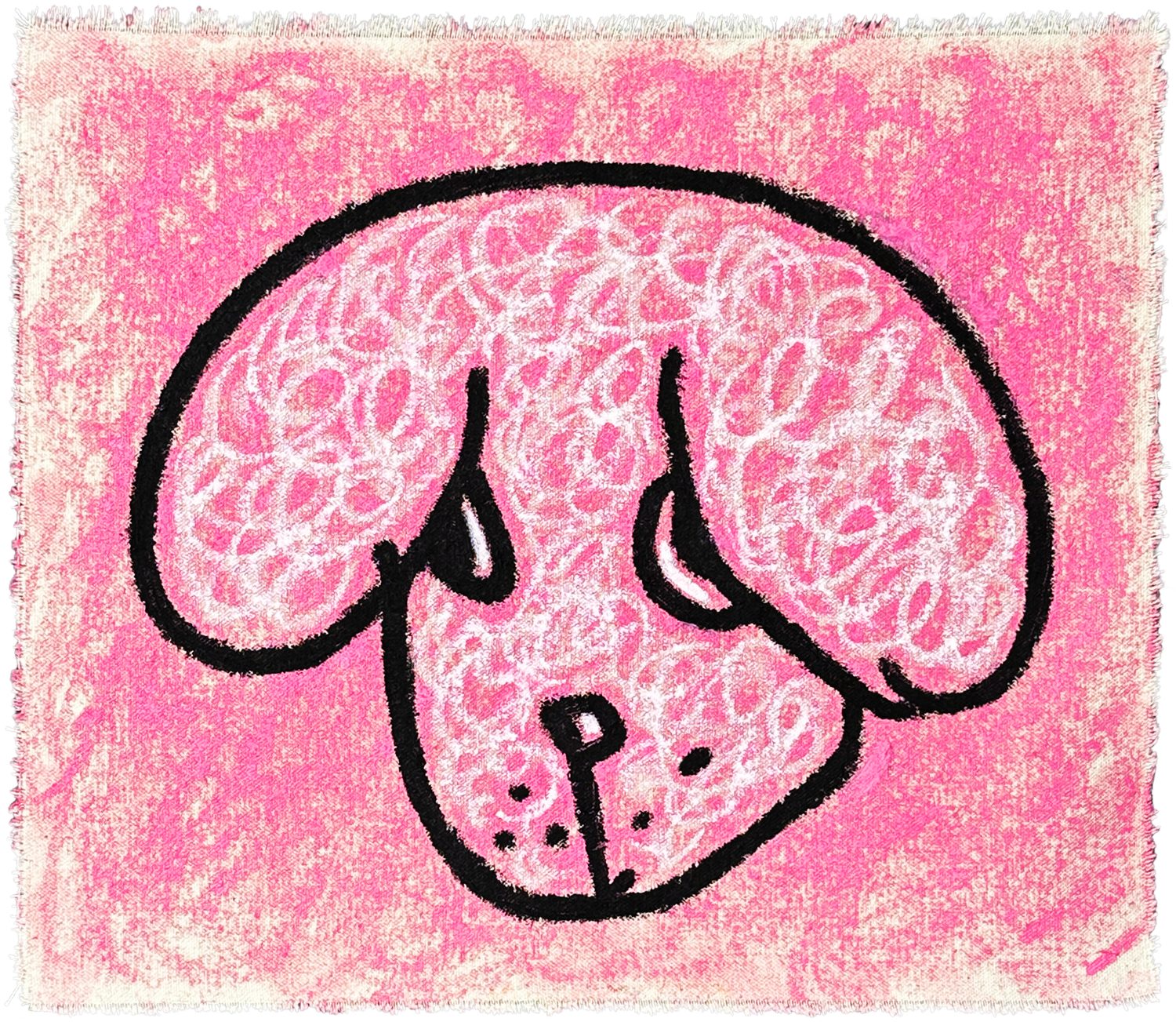 Oil painting of Rosie the dog with pink fur on pink canvas.