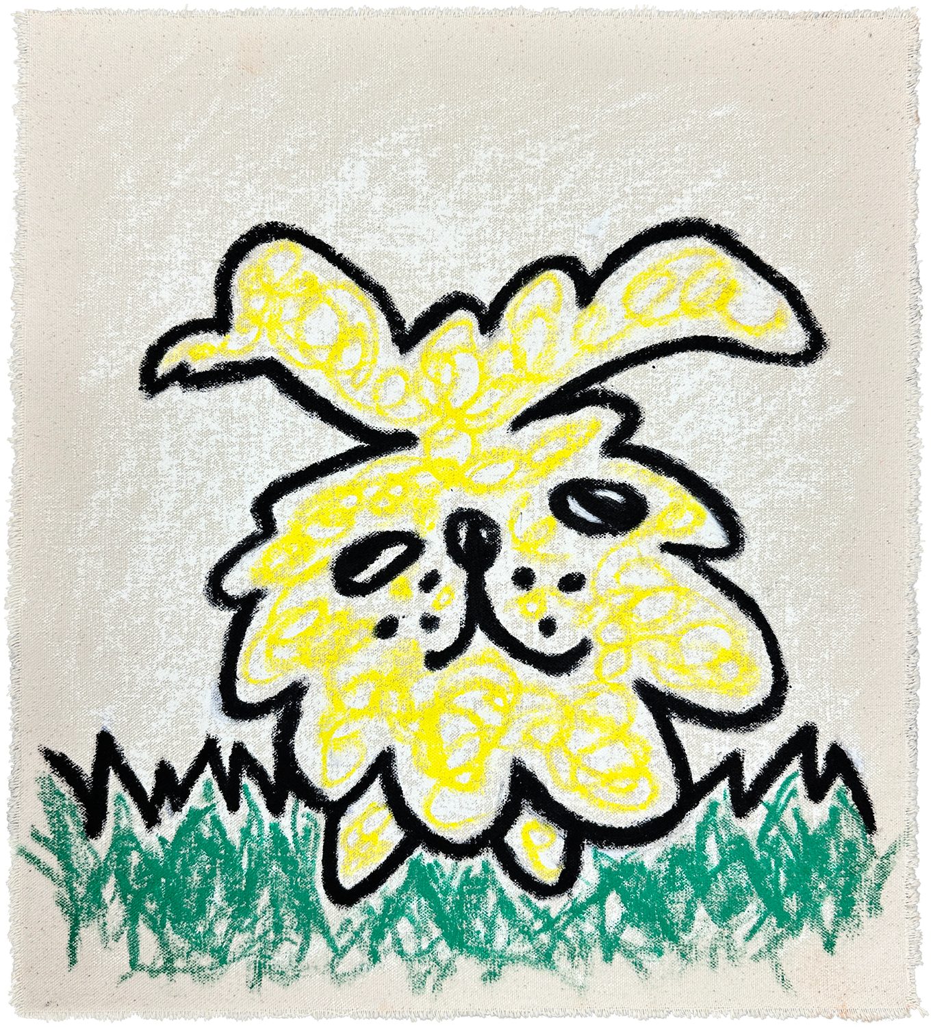 Susy, 2026, oil painting of a yellow dog in green grass.
