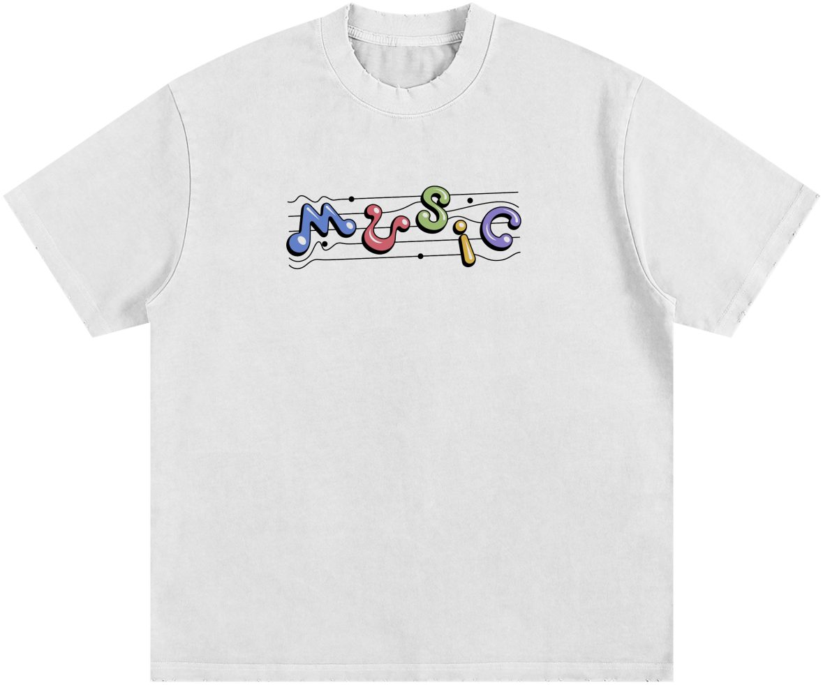 White Music Tee with colorful bubbly letters on a staff.