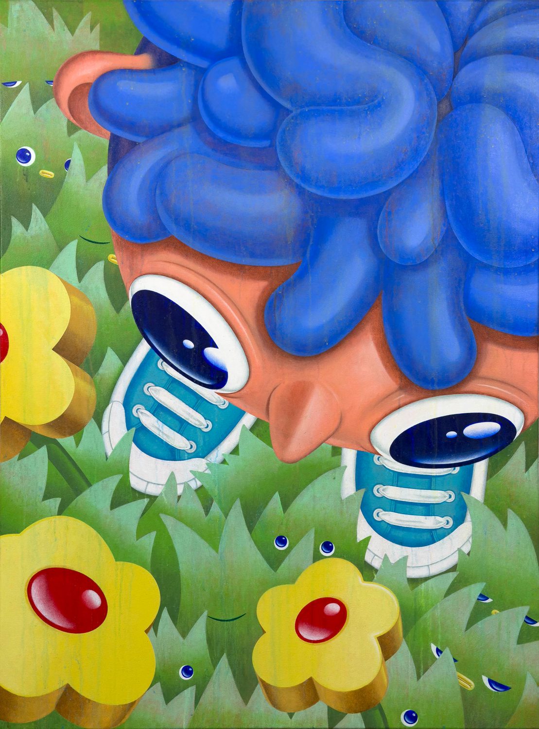 Walking on Grass, 2024, acrylic painting of a blue-haired figure.