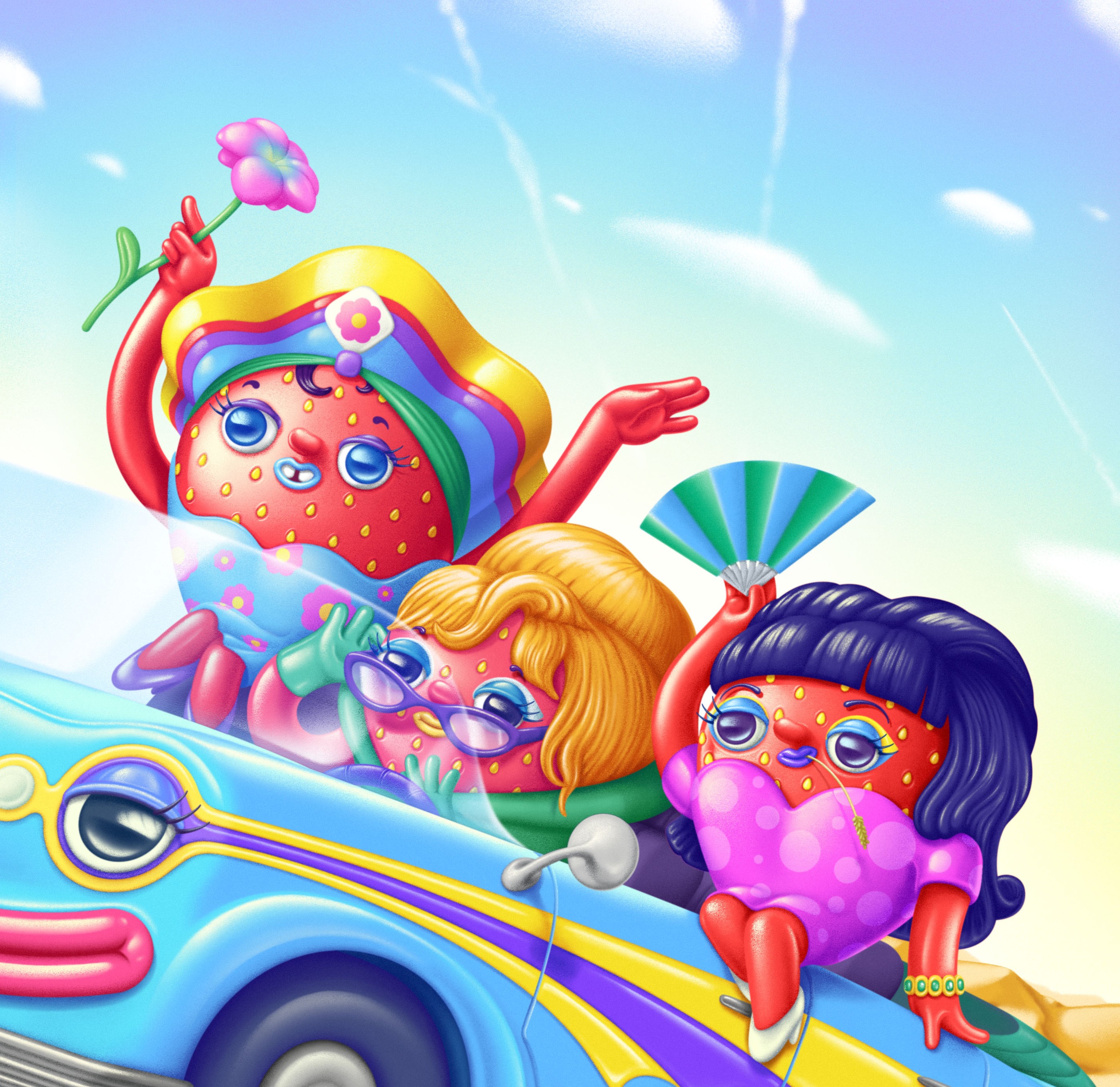 Strawberry Social poster: three strawberry drag queens riding in a pastel convertible, one waving a flower, one holding a fan
