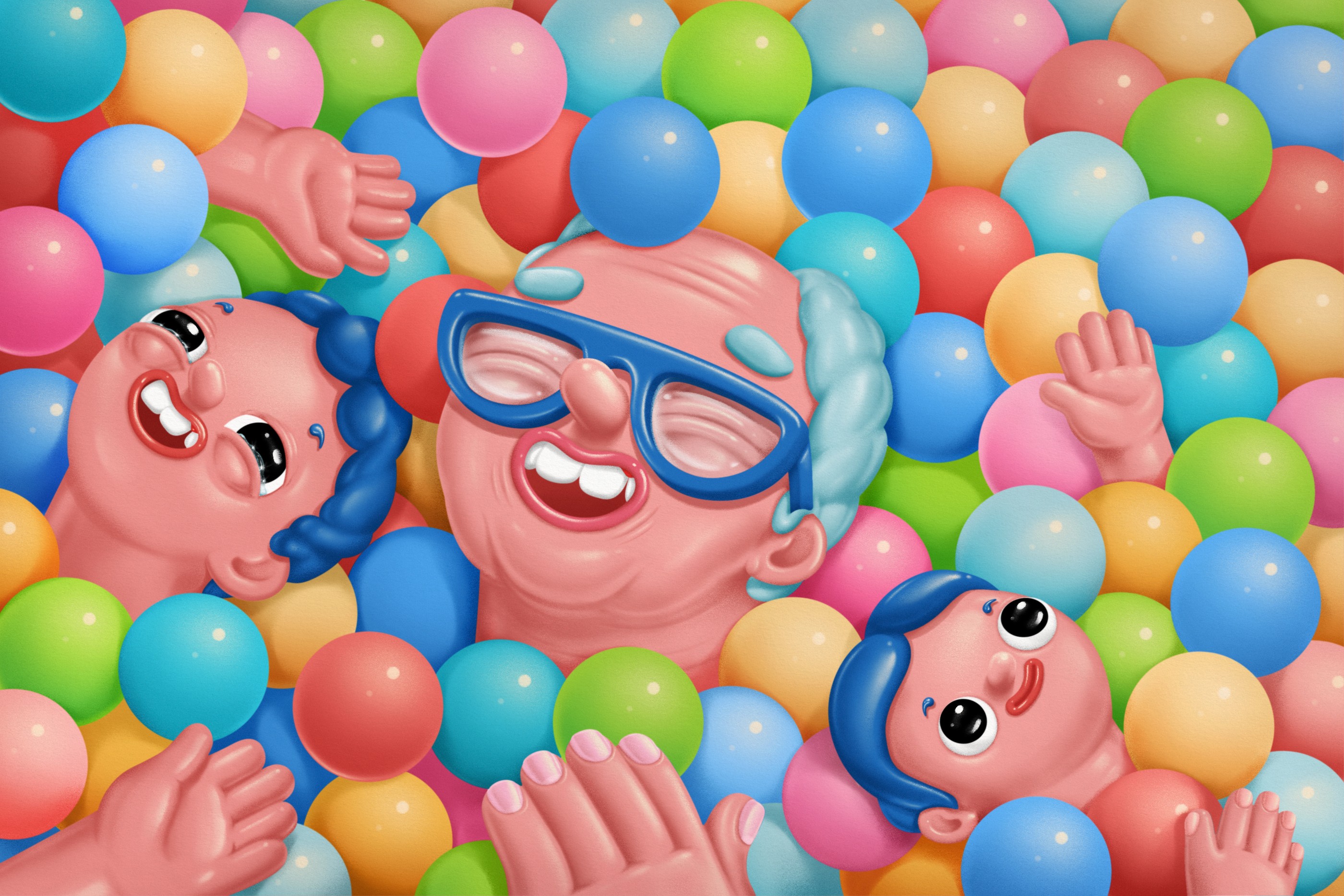 The ball-pit illustration: a grandparent in blue glasses laughing with two grandkids among colorful balls