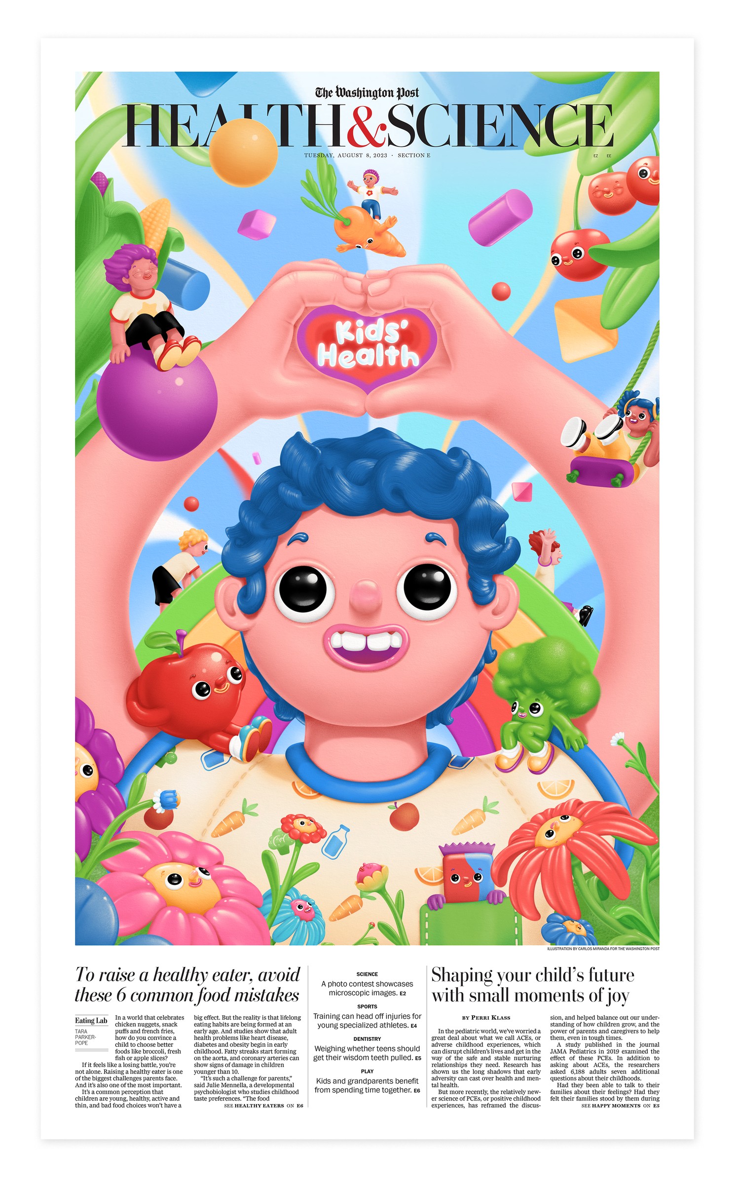The Kids&rsquo; Health section cover: a smiling kid framed by a heart made of hands, surrounded by fruit and vegetable characters