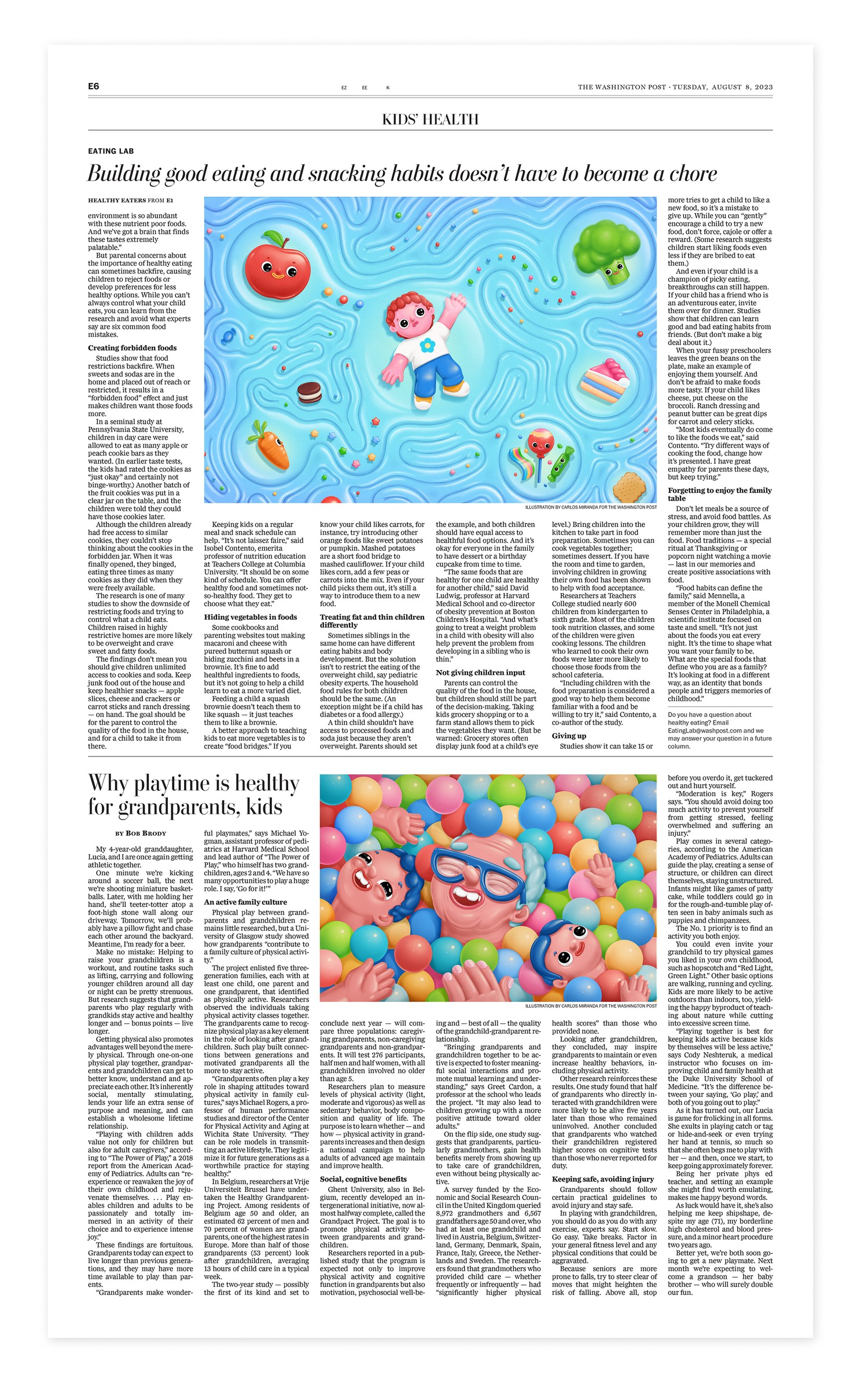 The inside page, with the food-maze and ball-pit illustrations running beside the two stories