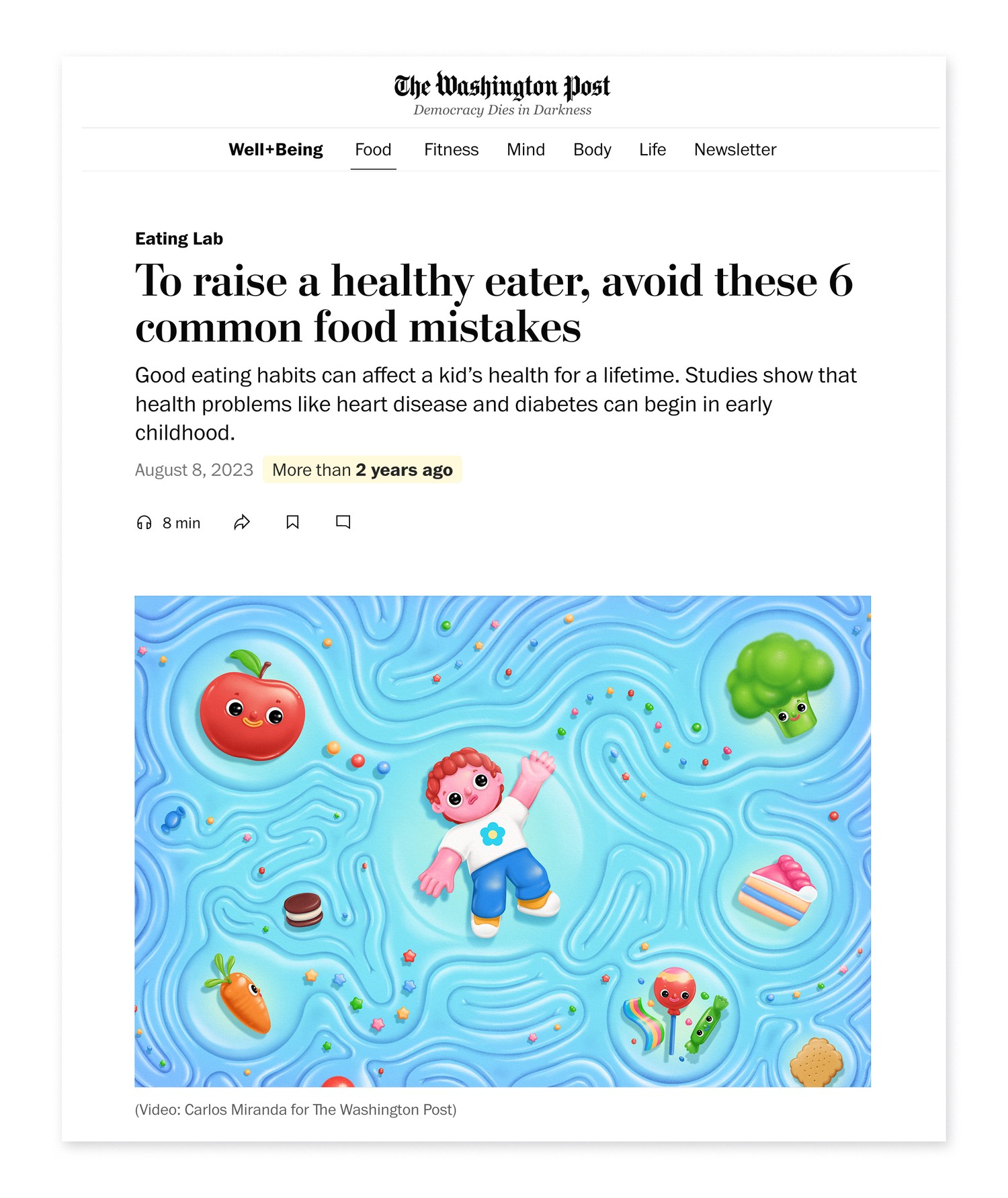 The food mistakes story online, with the food-maze animation under the headline