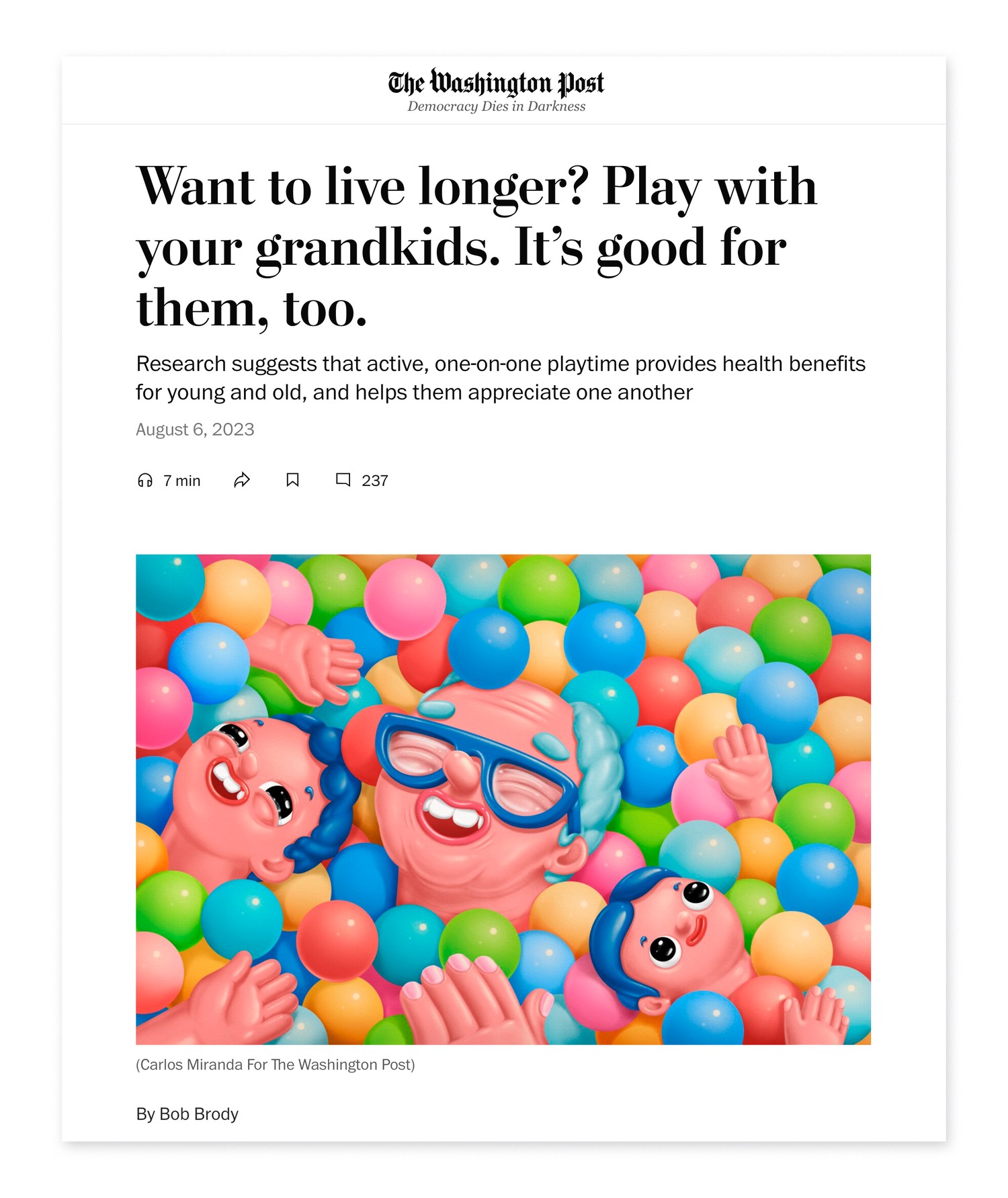 The grandparents story online, with the ball-pit illustration under the headline